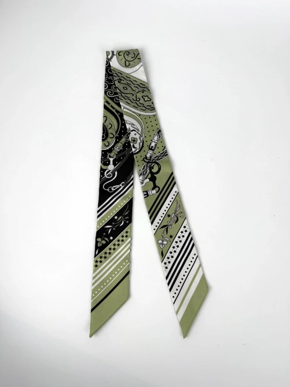 Hermes Festival des Amazones Print Pistachio Green White Black Silk Twilly Scarf